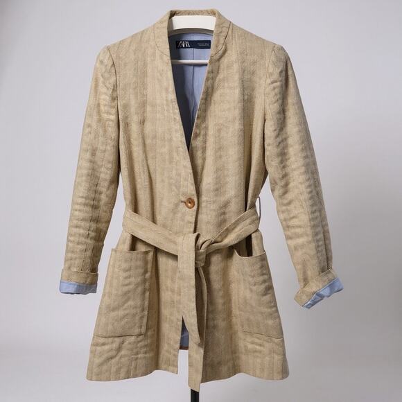 Zara Jackets & Blazers - ZARA Womens Cotton Linen Blend Striped Belted Blazer khaki Blue Small